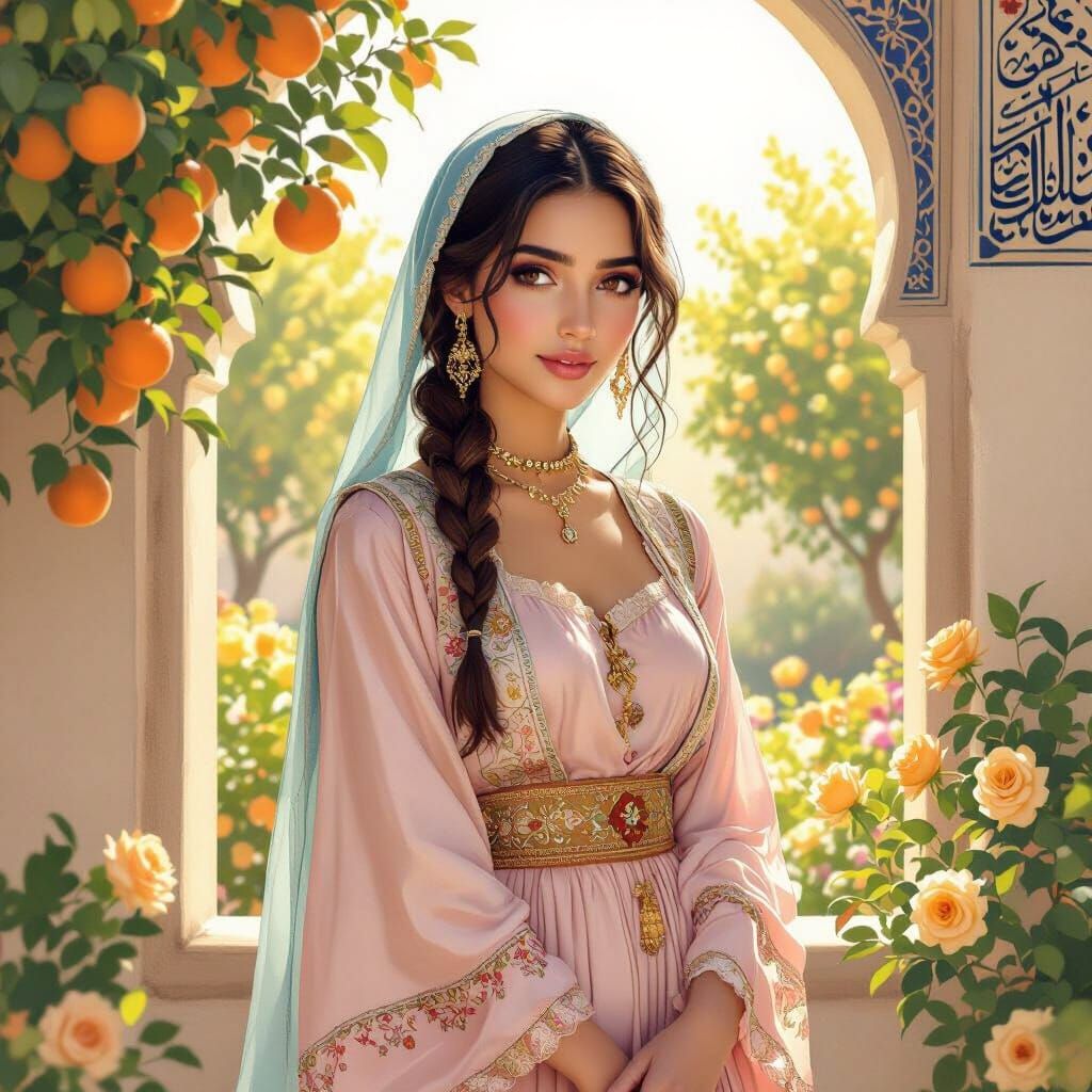 Andalusian Woman in Garden with Orange Trees