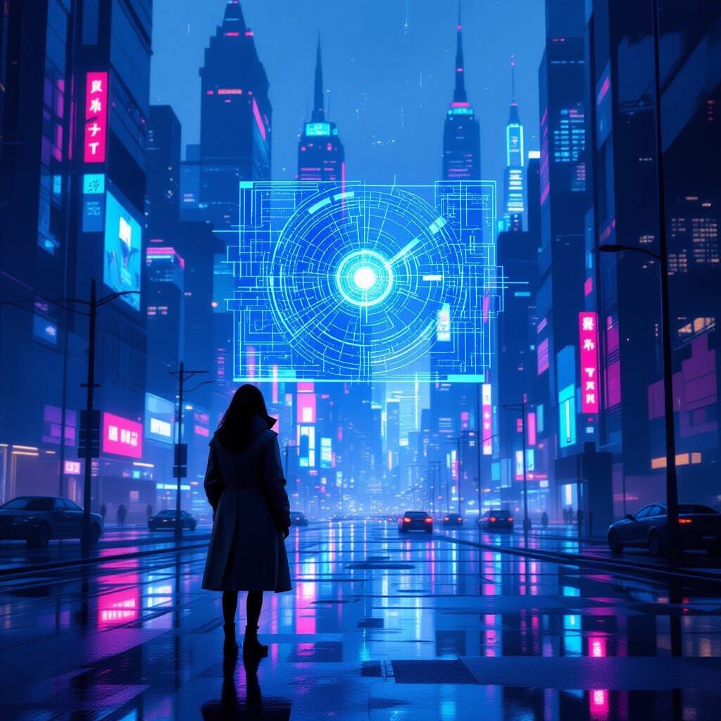 Woman Contemplating Cyberpunk Cityscape at Dusk