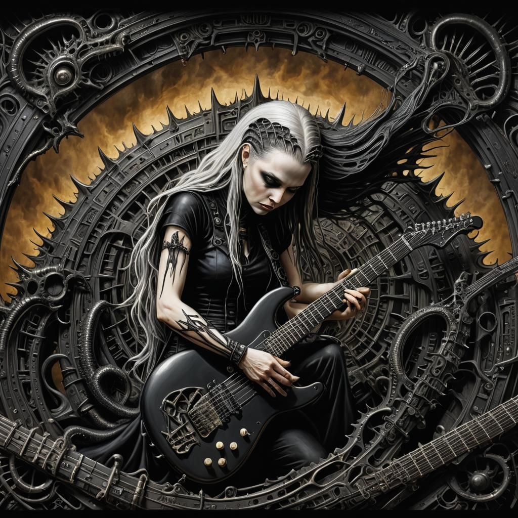 Gothic Woman with Stratocaster in Biomechanical Style