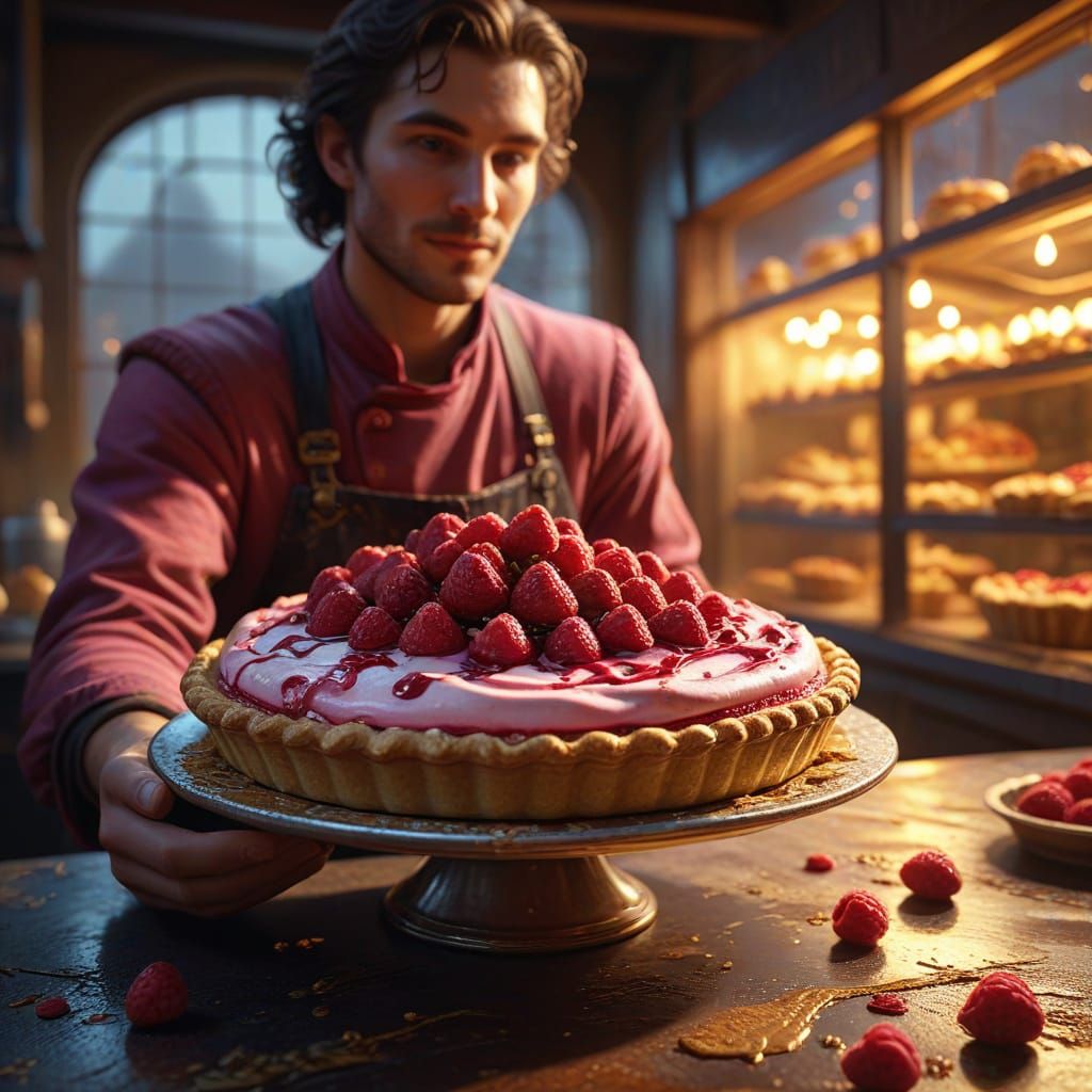 Fantasy Raspberry Cream Pie in Oil Painting Style