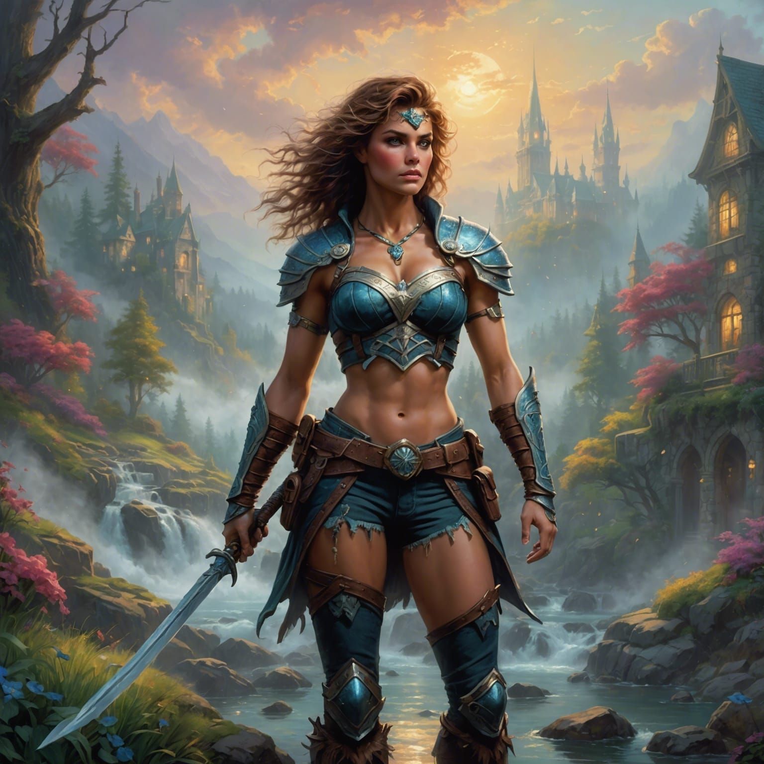 Glampunk Hunter Warrior Woman in Ethereal Fantasy Style