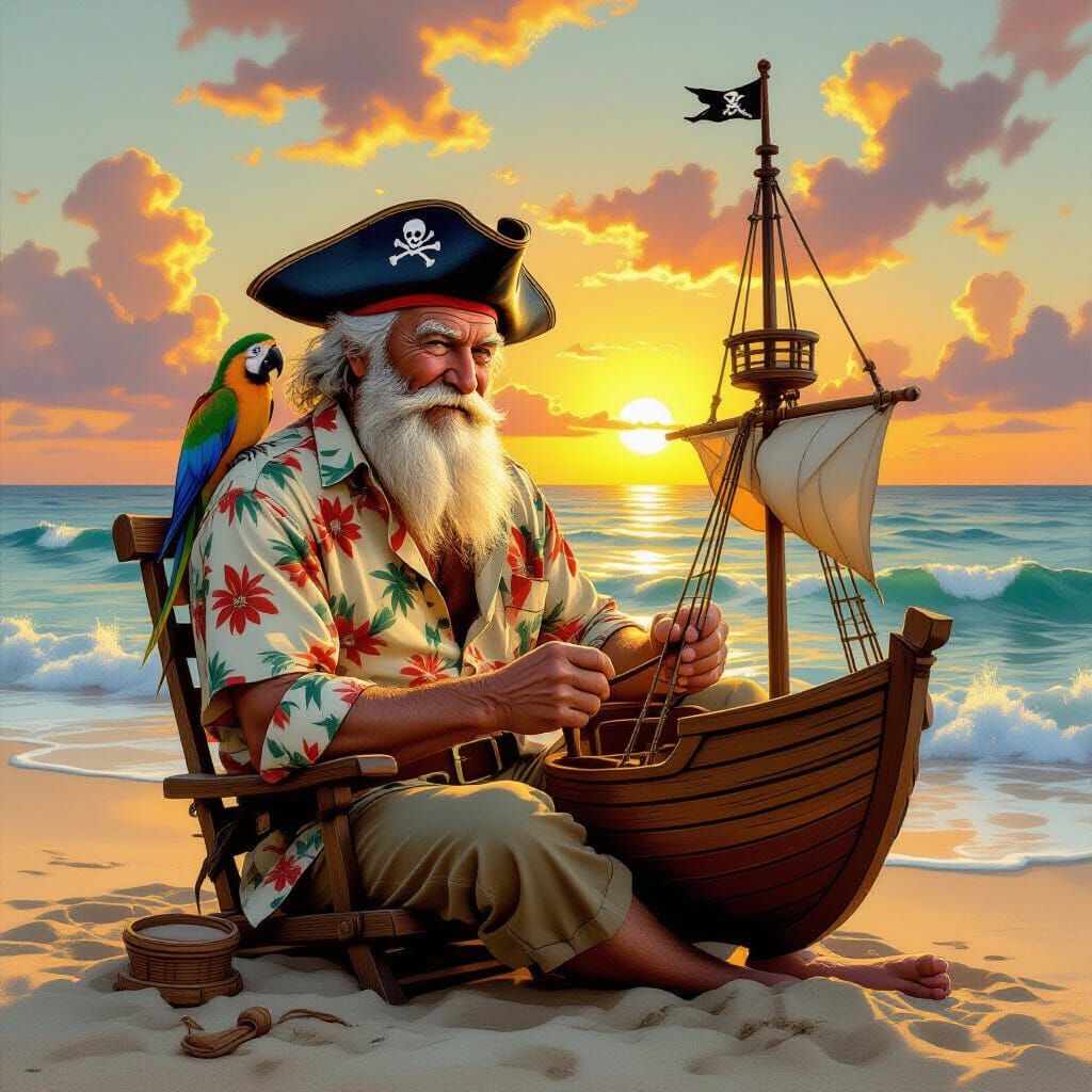 Retired Pirate Carves Ship Model on Beach at Sunset