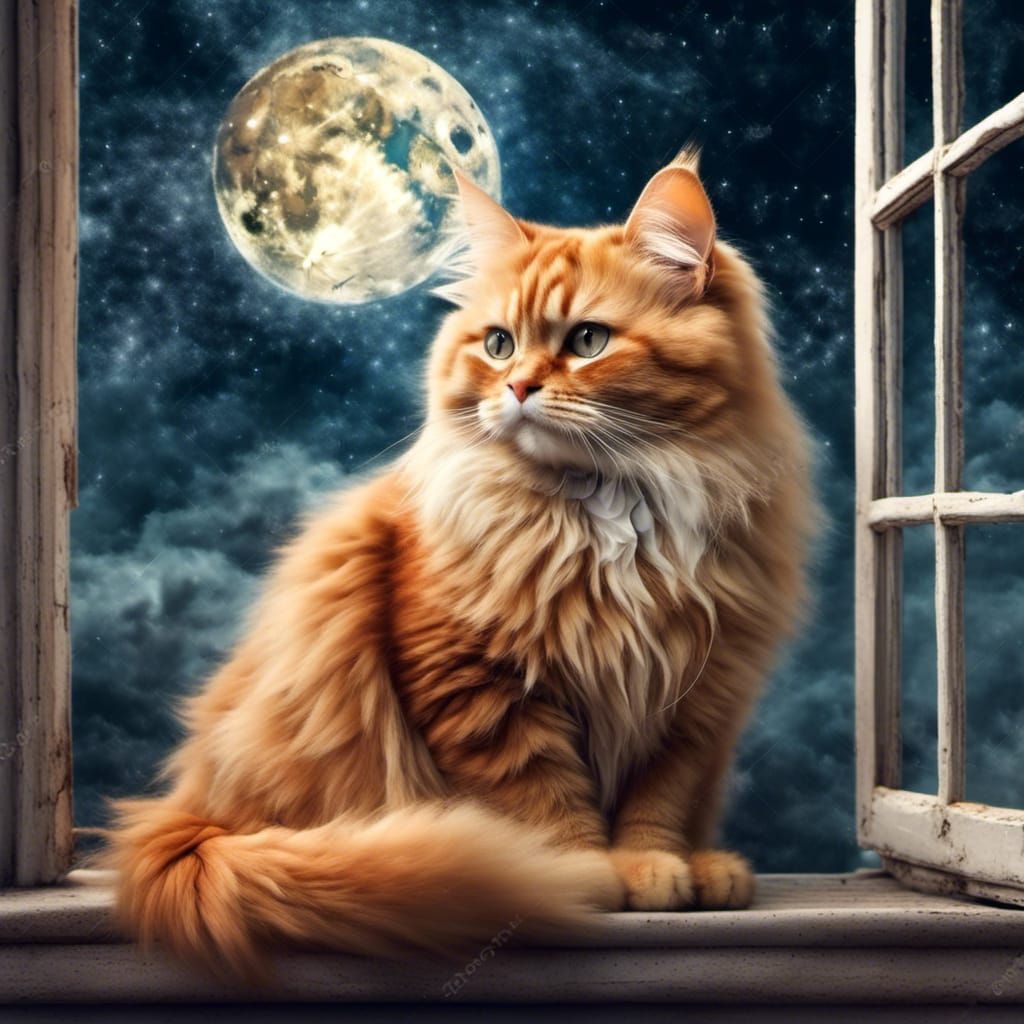 Ginger Cat Gazing at Moonlit Starry Night