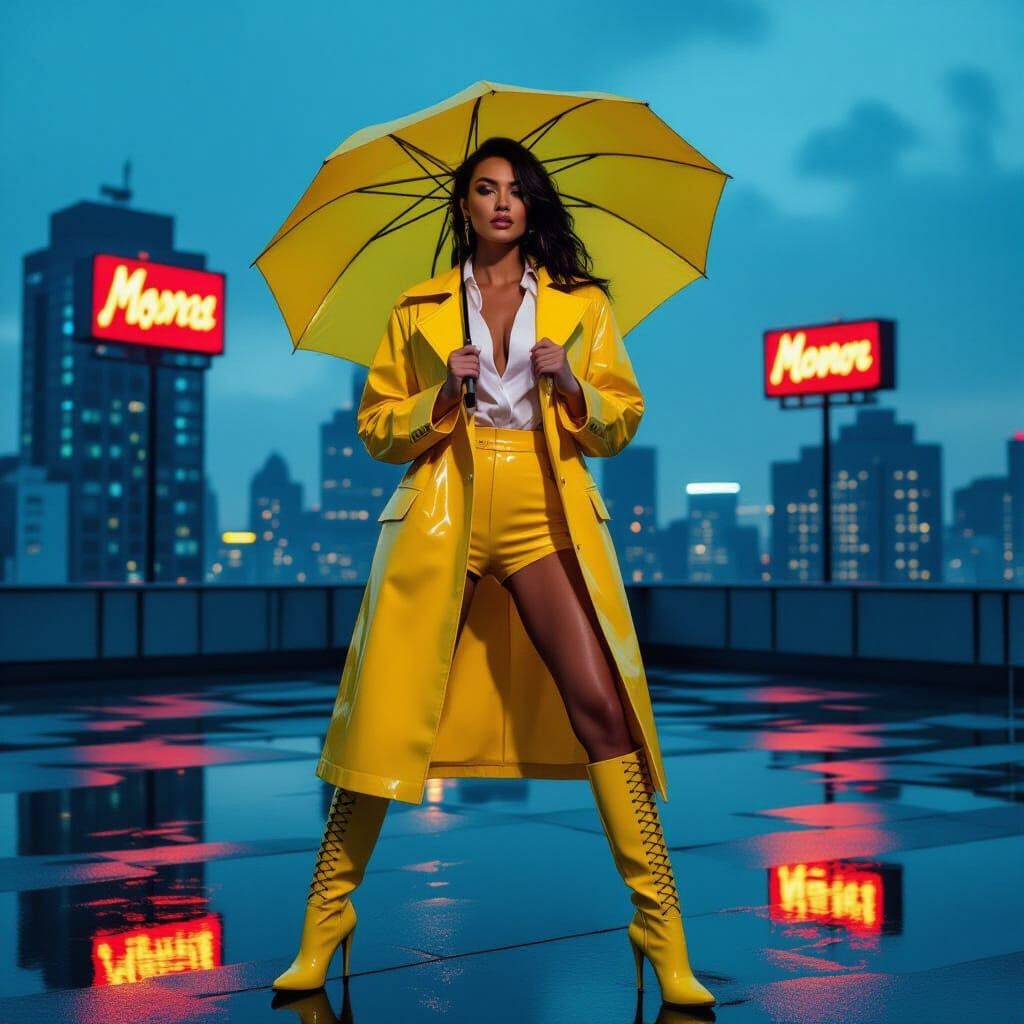 Woman in Yellow Raincoat on City Rooftop at Twilight