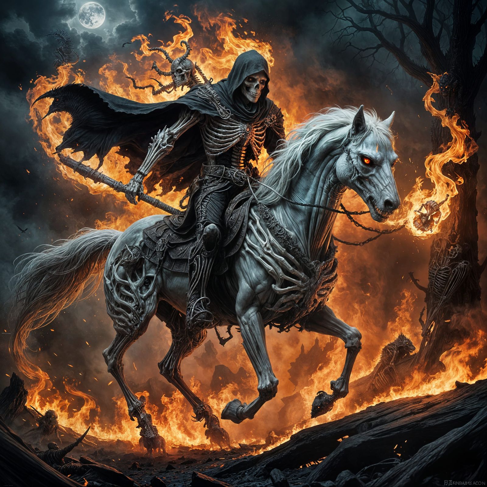 Skeleton Wraith on Fire Horse: Dark Fantasy Art
