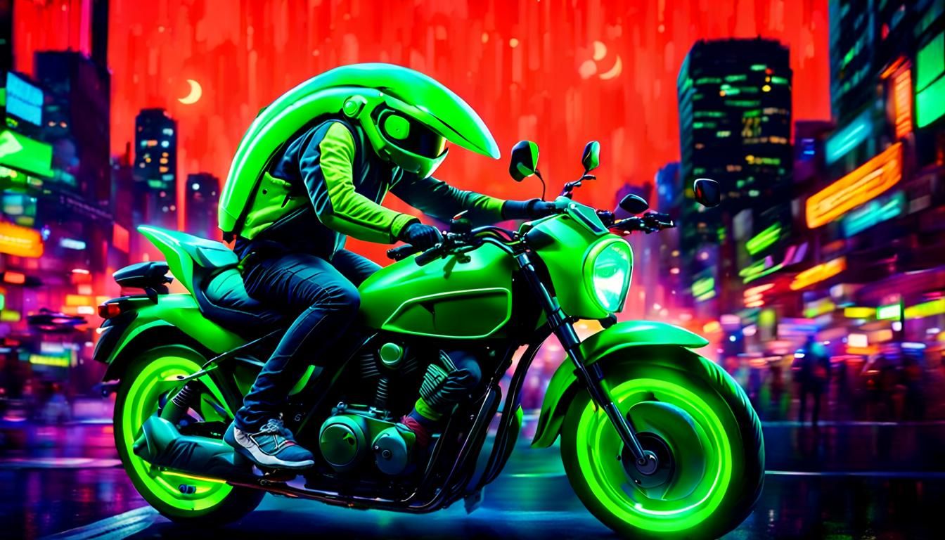 Grasshopper Helmet on Neon Motorbike in Dank City