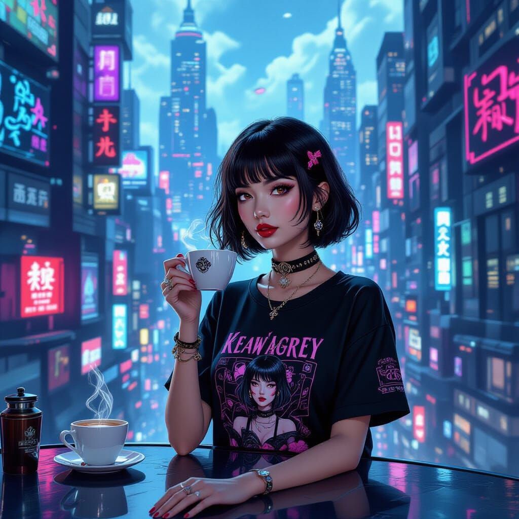 Futuristic Cafe in Cyberpunk City, Psychedelic Art