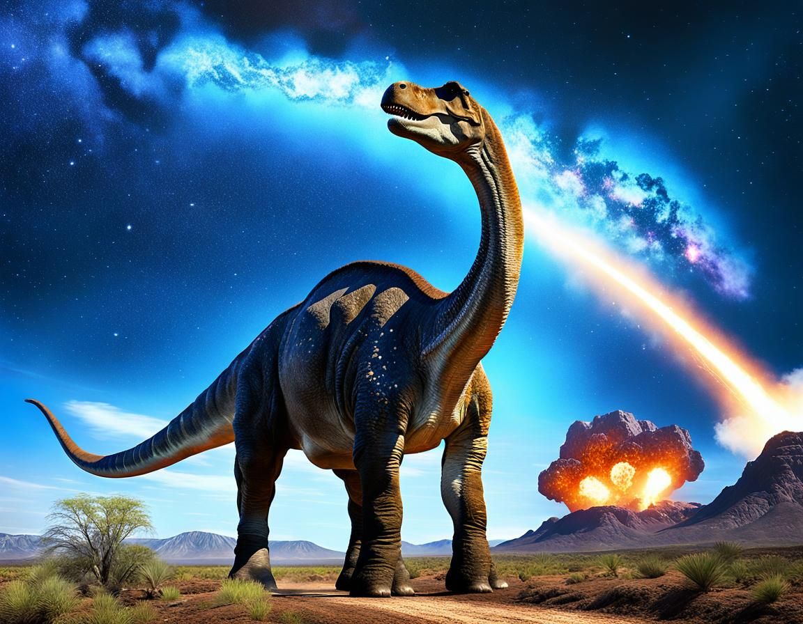 Prehistoric Brontosaurus Landscape with Falling Meteor
