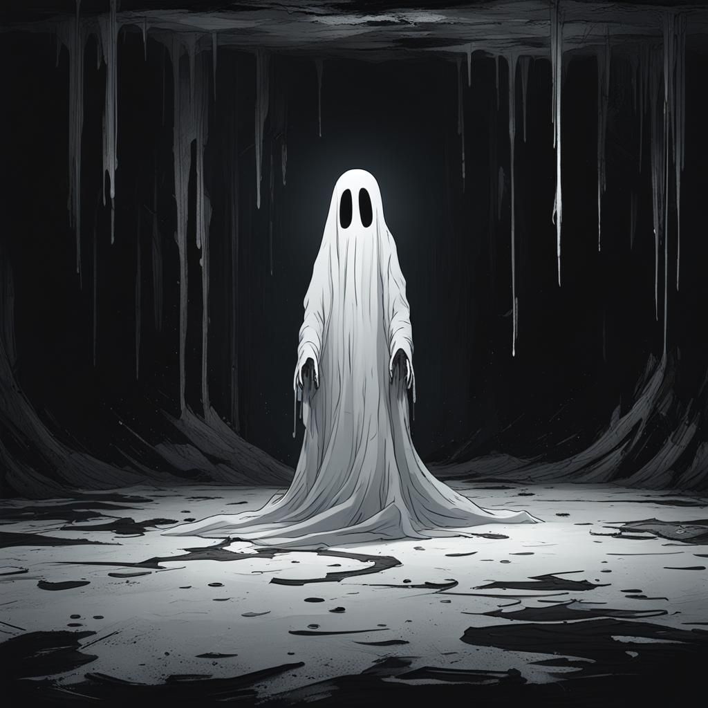 Sad Ghost in Dark Room: Minimalist Concept Art