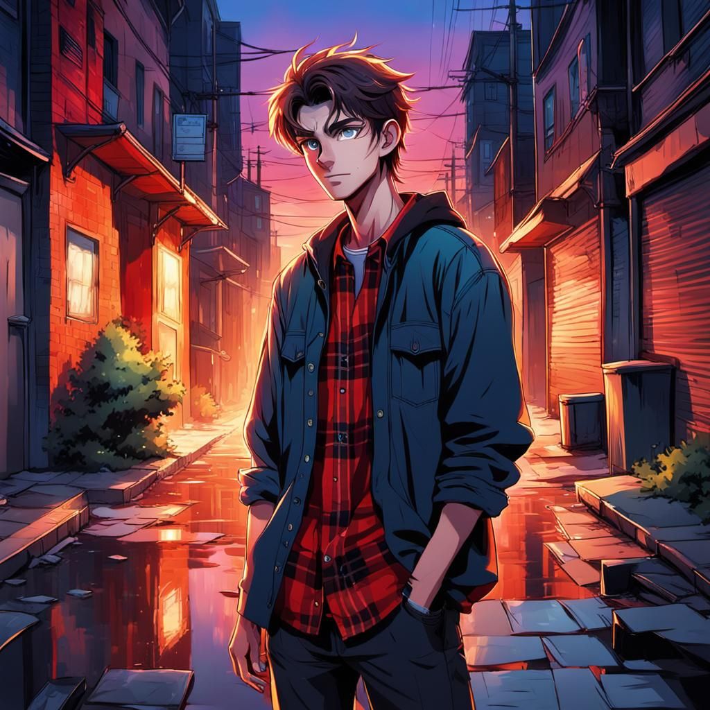 Anime Style Teenage Boy in City Alleyway