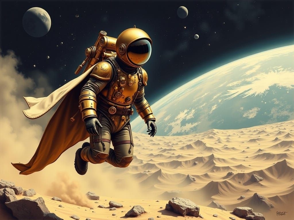 Steampunk Astronaut's Lunar Long Jump in Gouache Style