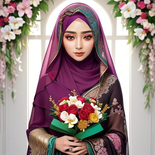 Floral Portrait of Woman in Hijab, Renaissance Style