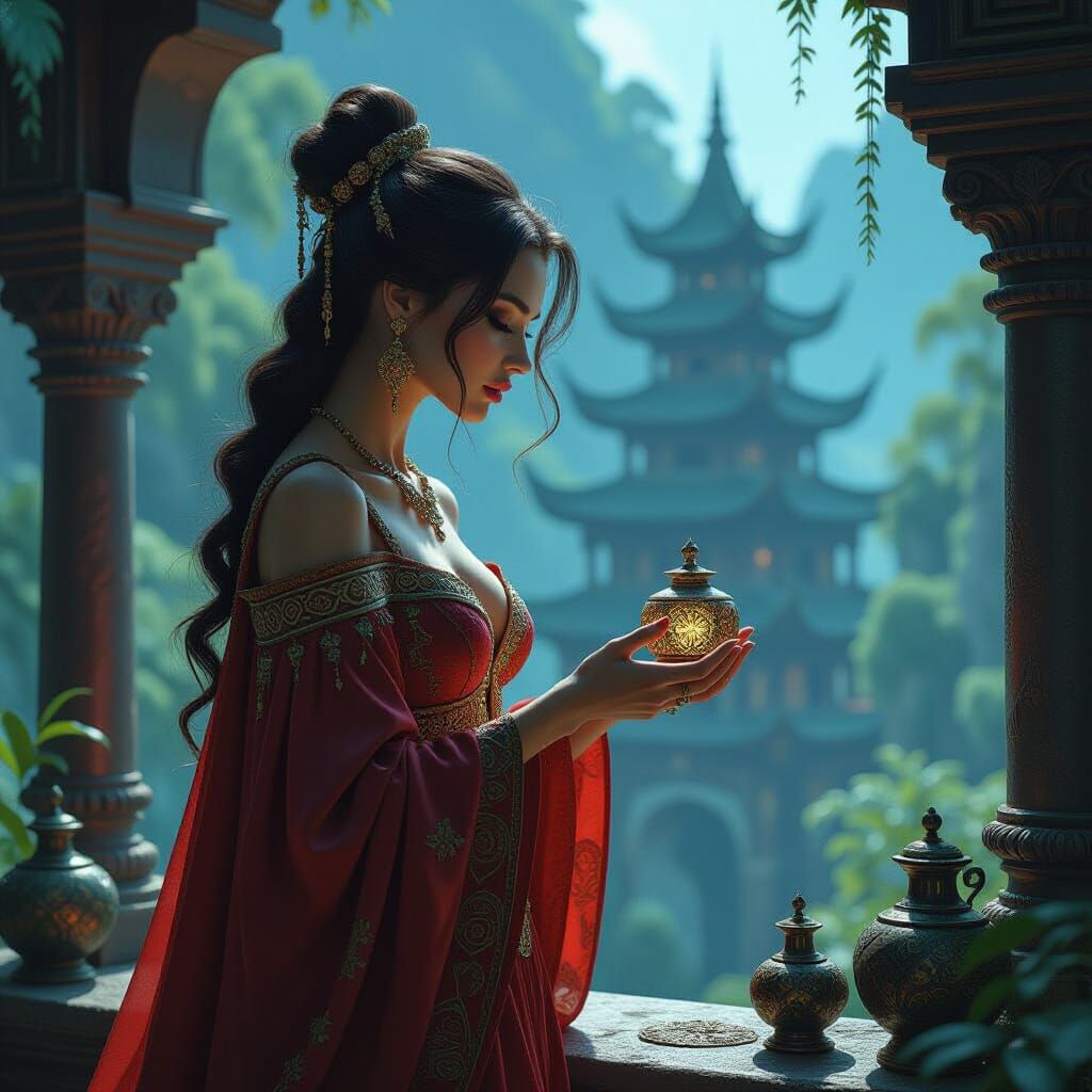 Mystical Woman Discovering Ancient Magic Artefacts