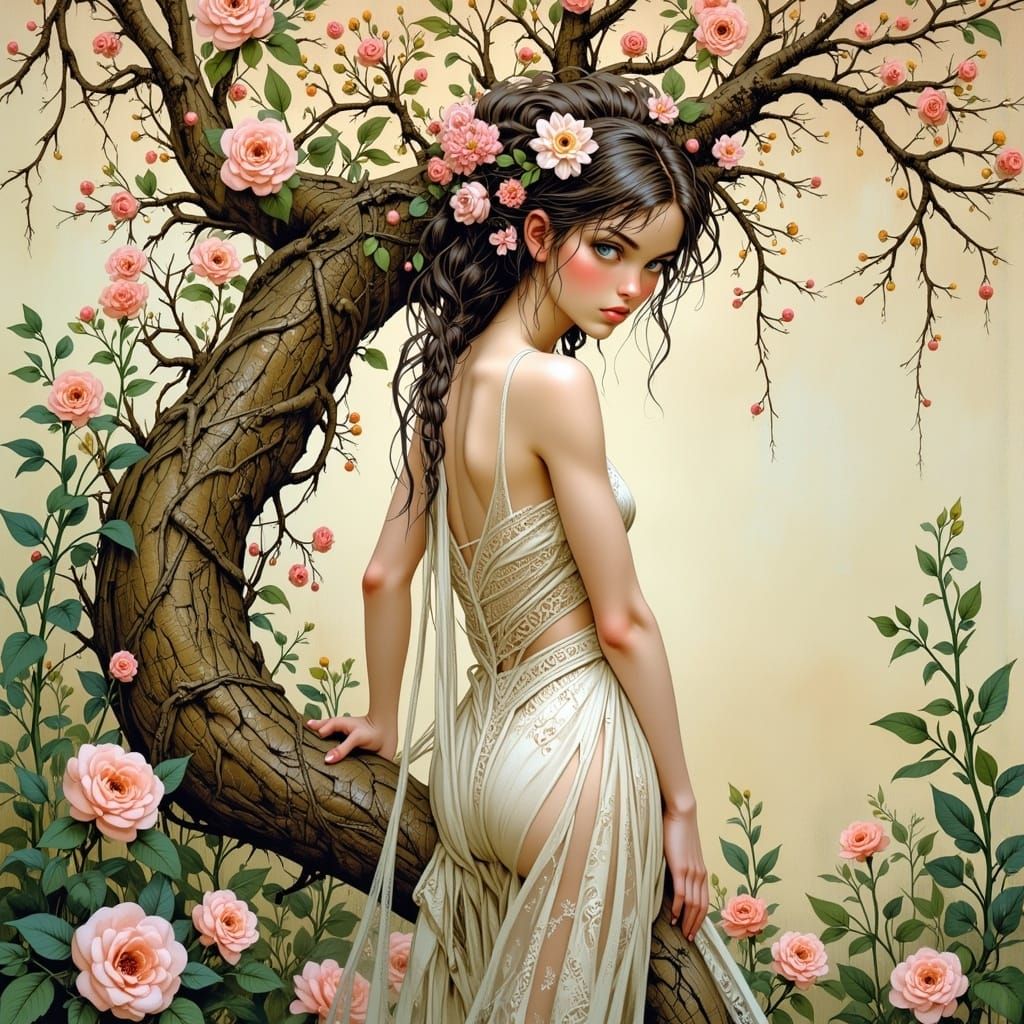 Ethereal Woman Blends into Blossoming Tree