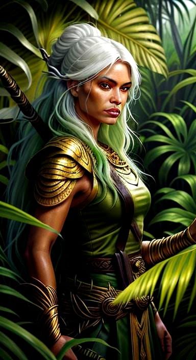 Jungle Warrior Woman with Wild White Hair