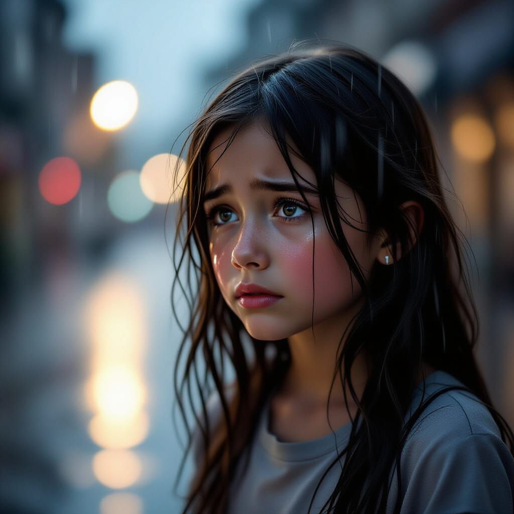 Melancholic Girl in Rain, Photorealistic Portrait