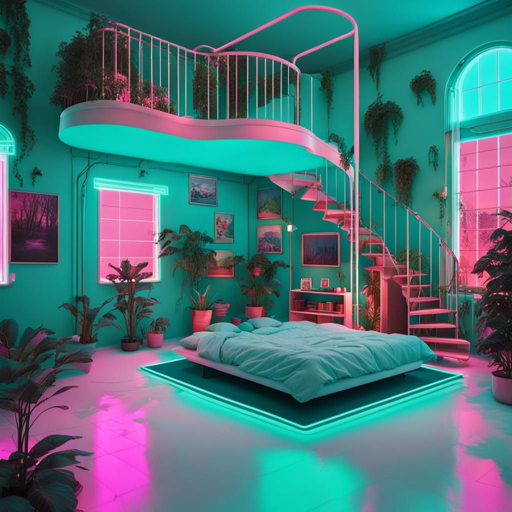 Teal Bedroom with Ivy in Synthwave Neon Style