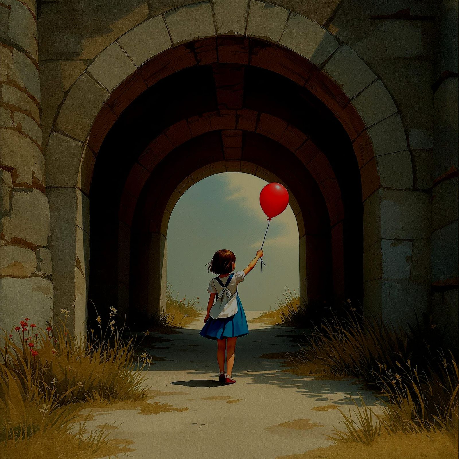 The girl with the red balloon under the bridge