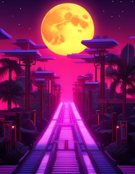 Synthwave Bridge to the Moon in Neon Retro Style