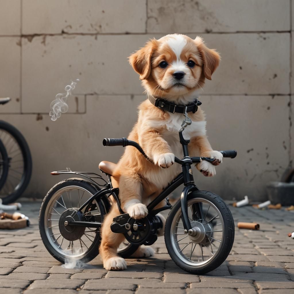 Puppy Rides Bike: Realistic 8K Photo