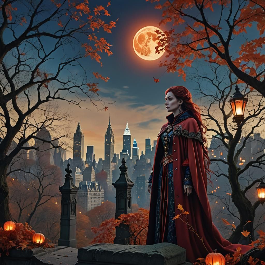 Gothic Sorceress and Autumn Moon in Central Park