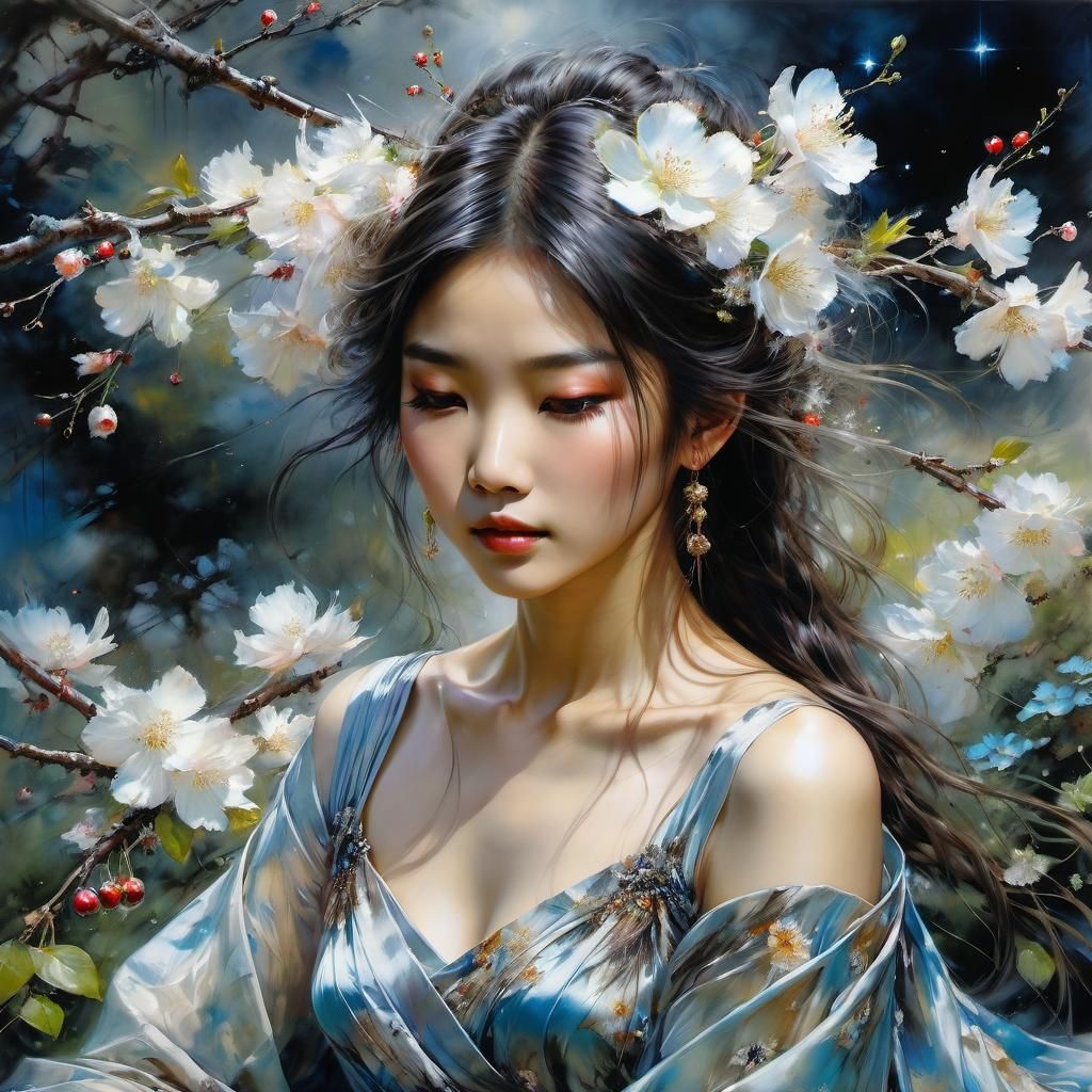 Asian Woman in Cherry Blossom Garden, Anime Style