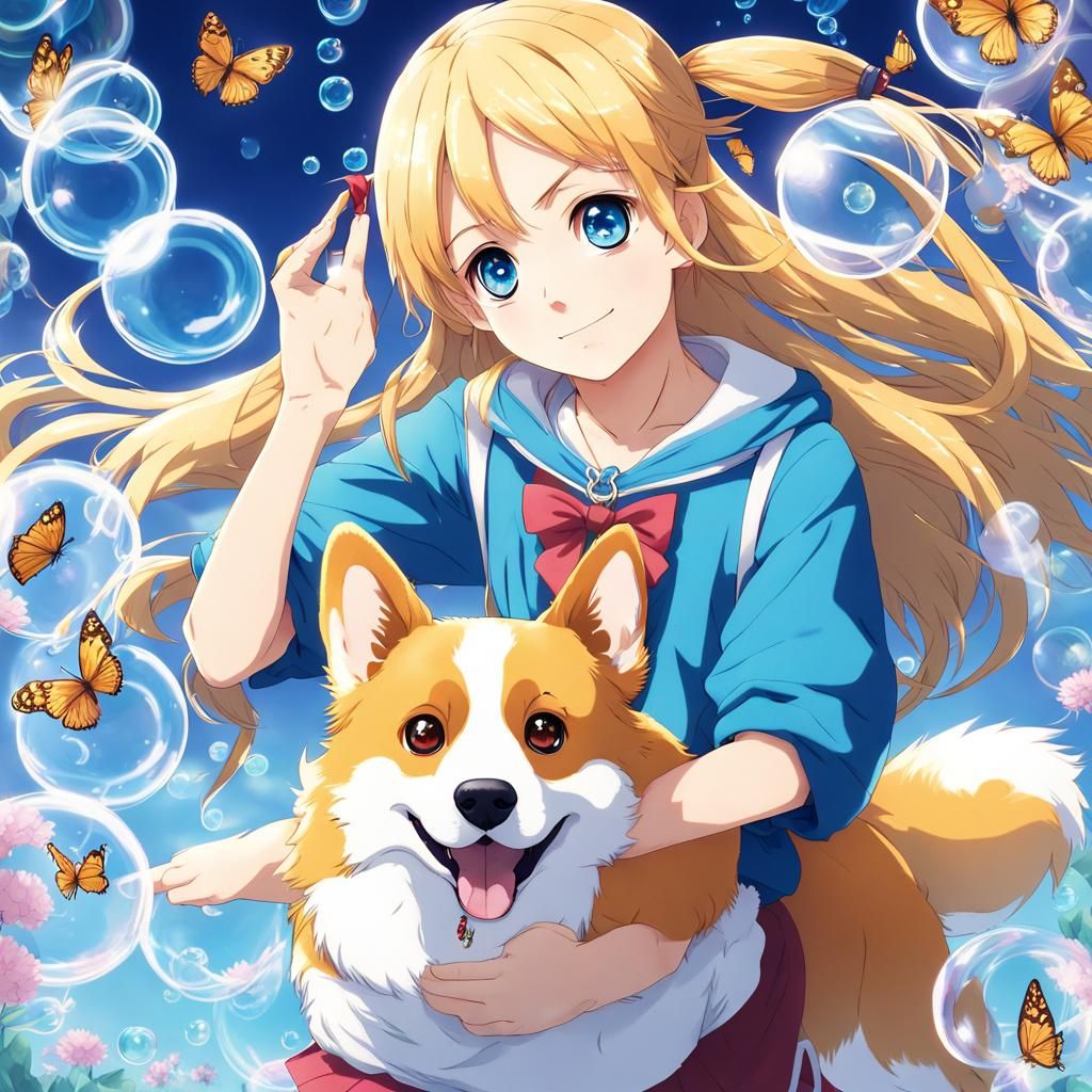 Girl and Corgi with Bubbles in Anime Style