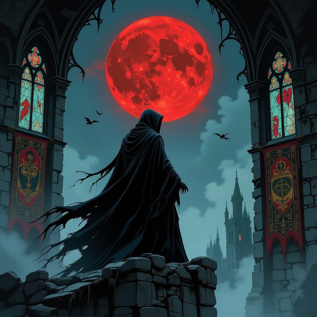 Spectral Wizard in Decaying Tower, Gothic Horror Scene