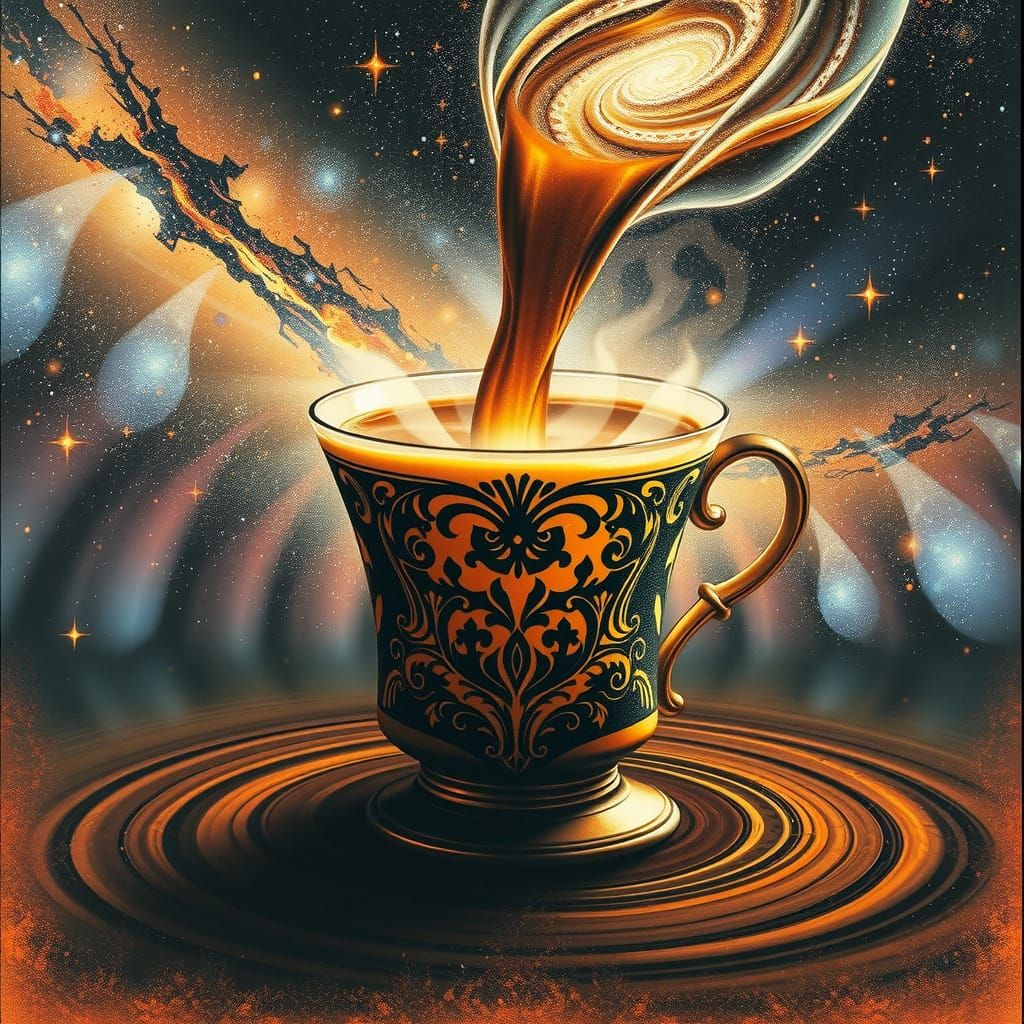 Cosmic Coffee Cup in Whimsical Art Nouveau Style