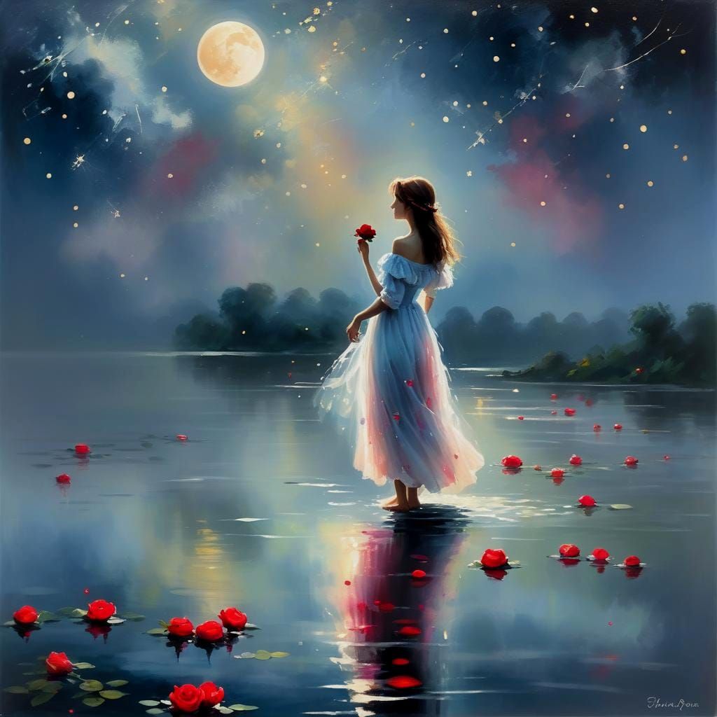 Romantic Moonlight Scene with Crimson Roses