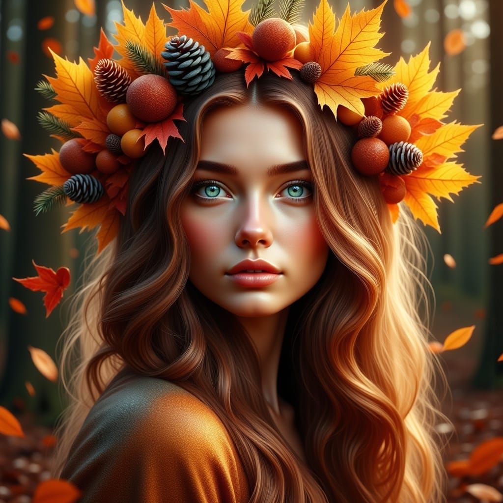 Autumn Woman in Forest, Fantasy Art Style