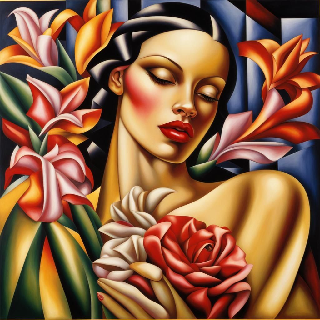 Man Presents Woman with Flowers in Art Deco Style