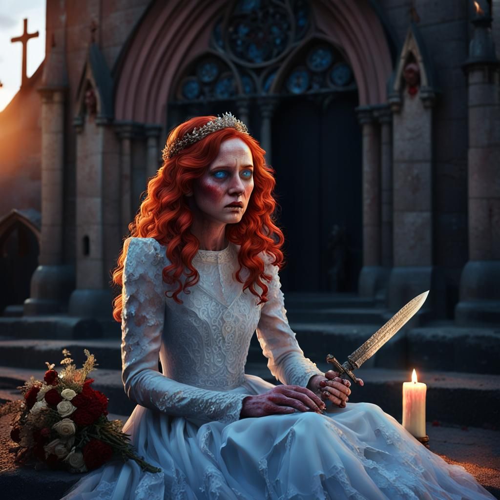 Bride Crying Over Body in Horror Scene