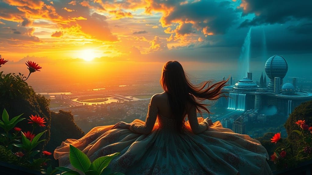 Bioluminescent Flora and Futuristic City at Sunset