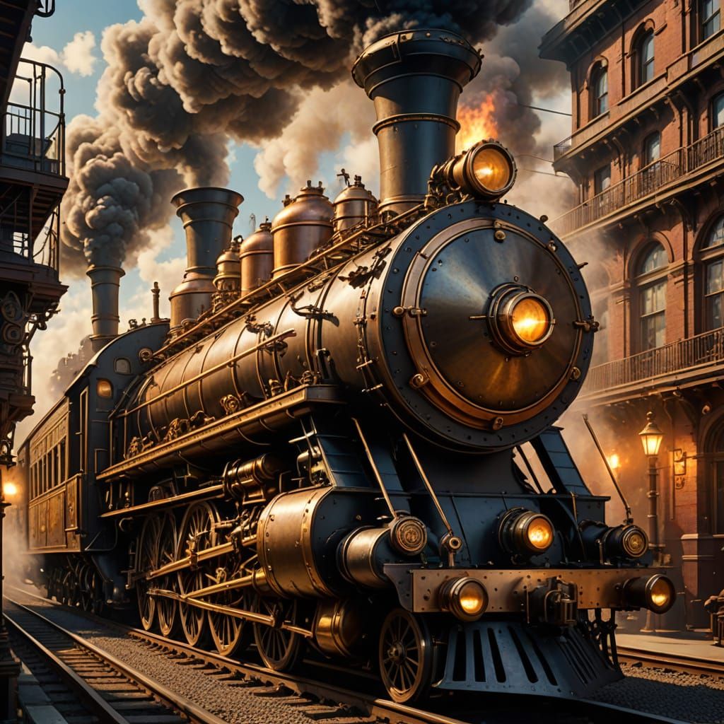 Steampunk Train and Zeppelin with Brass Details