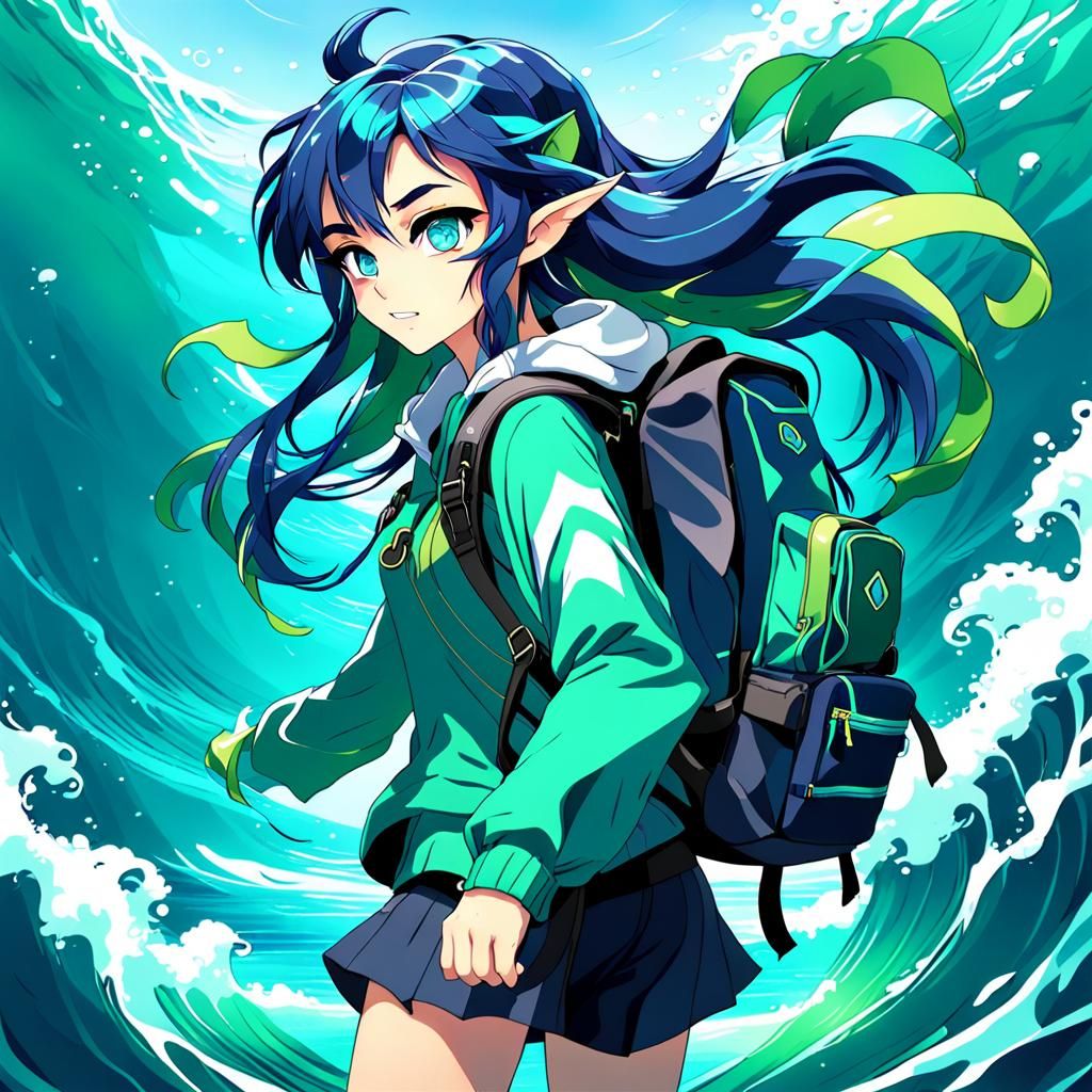 Anime Sea Elf with Backpack, Studio Trigger Style