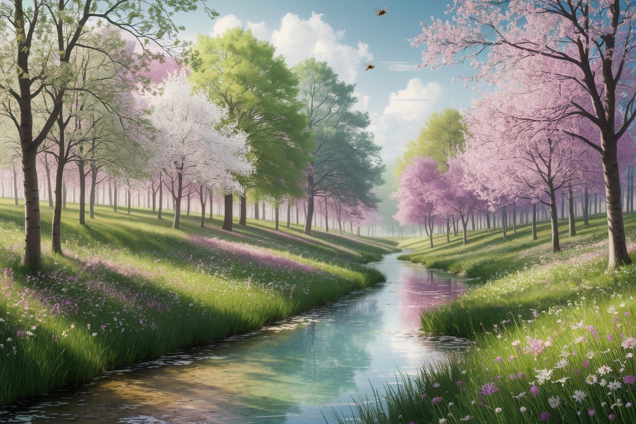 Picturesque Spring Forest Scene with Pastel Blossoms