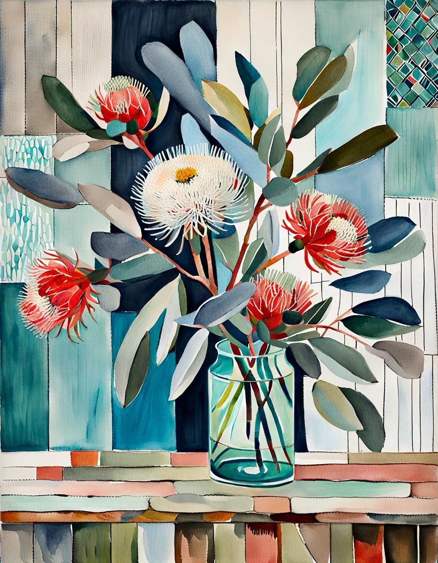 Australian Flora Still Life in Geometric Watercolour Style