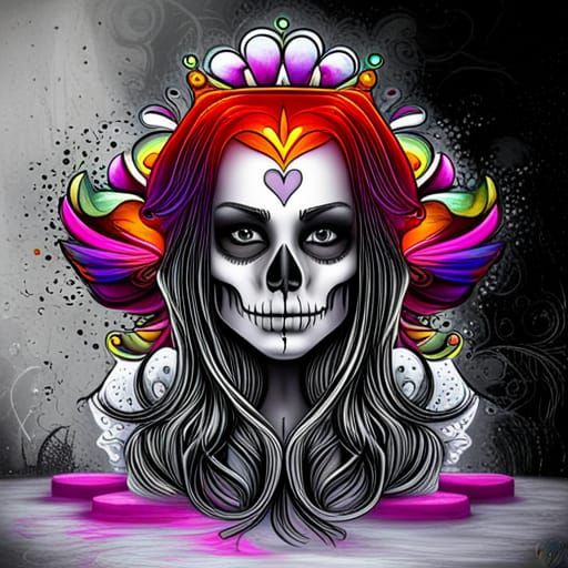 Skull-Faced Queen with Wings in Graffiti Art