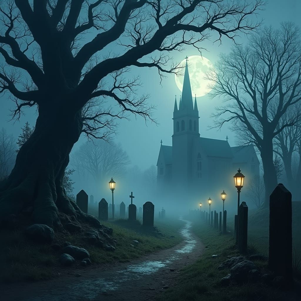 Ethereal Dusk Landscape with Ruined Church