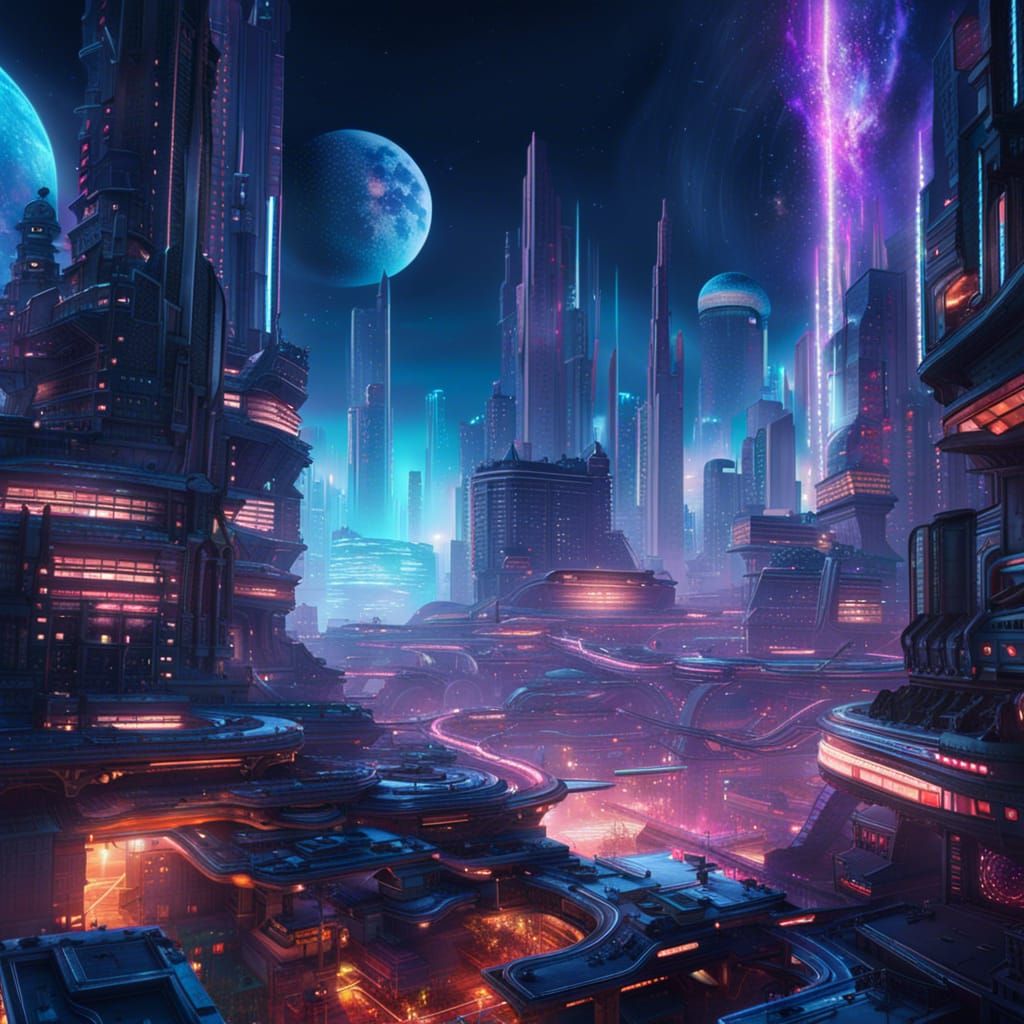 Futuristic Neon City in Space