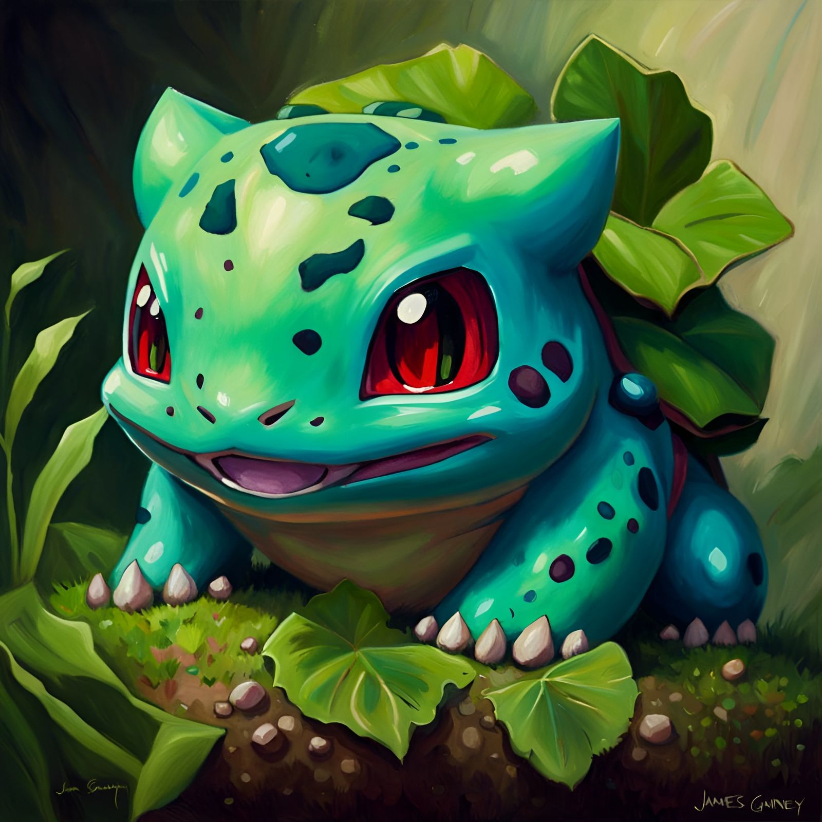 Realistic Oil Painting of Cute Bulbasaur Pokemon