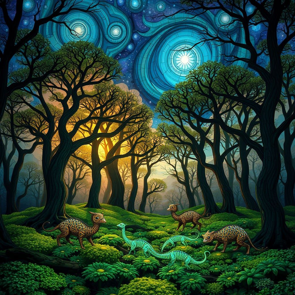 Stained Glass Forest Glade with Bioluminescent Moss