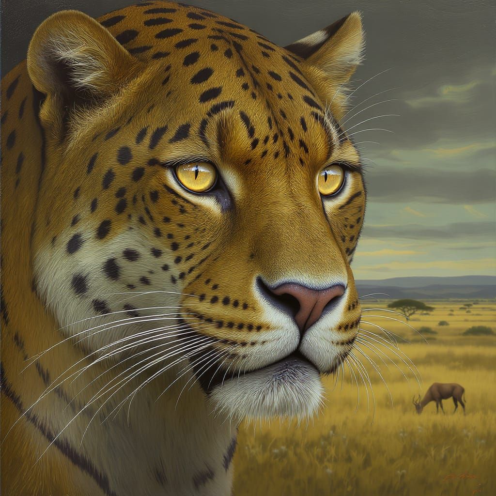 Jaguar's Reflective Eyes in Oil Painting Style