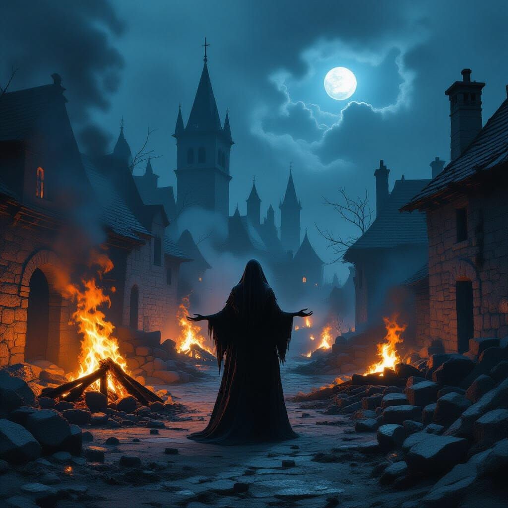 Gothic Village Funeral Pyres Reanimated by Witch in Dark Fan...