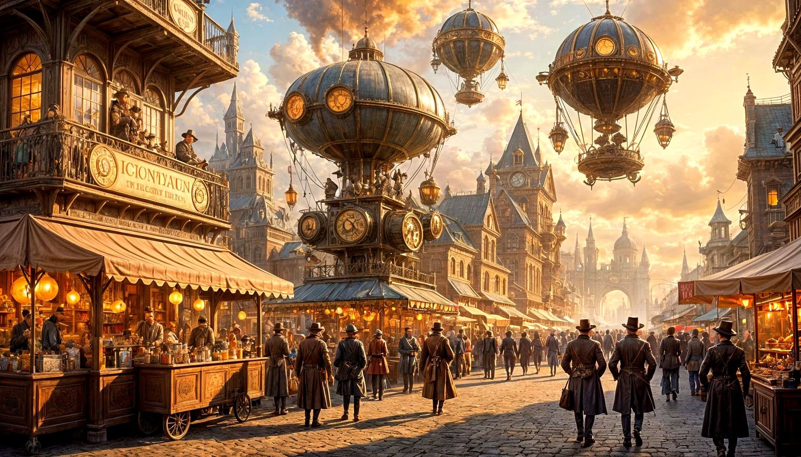 Steampunk Marketplace with Clockwork Automatons and Airships
