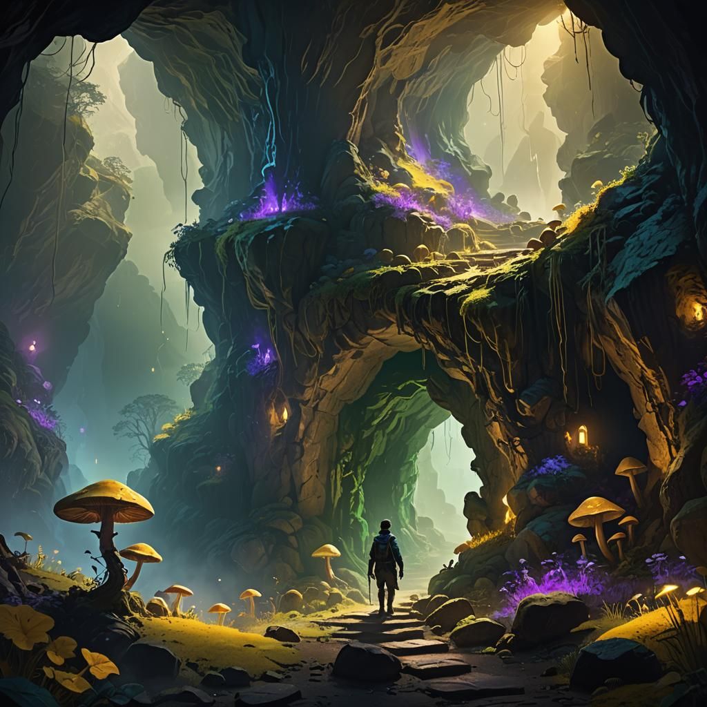 Mystical Cave Entrance with Luminescent Flora