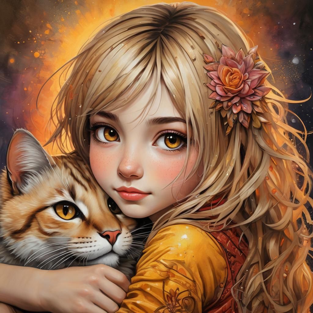 Girl Hugging Cat in Hyperrealistic Oil Painting