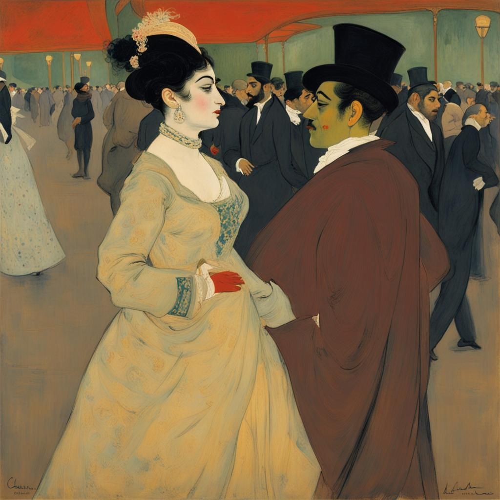 Art by Toulouse-Lautrec and Abdur-Rahman Chughtai, a grand night at the opera, blending Parisian flair with Eastern eleg...
