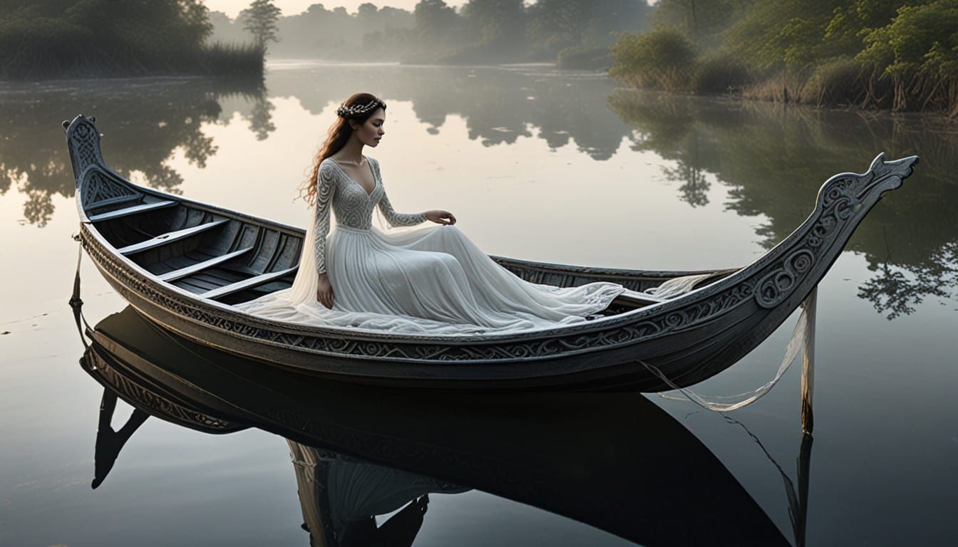 Ethereal Woman Floats in Silver Boat Through Foggy River Lan...